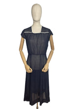 Load image into Gallery viewer, Charming Original Late 1930's or Early 1940's Sheer Navy and White Swiss Dot Dress with Ric-rac Trim - Bust 34 36