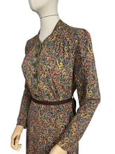 Load image into Gallery viewer, Original 1930’s Brown Crepe Long Sleeved Dress with Pretty Print in Blue, Rust, Green and Yellow - Bust 36 38