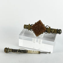 Load image into Gallery viewer, Antique Victorian Pretty and Practical Goldstone and Brass Nanny Brooch with Hidden Sewing Thread and Needle *