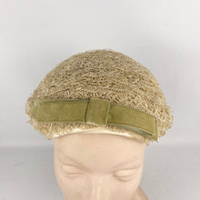 Load image into Gallery viewer, Original 1950’s Hat in Cream with Satin Edging and Soft Green Velvet Bow Trim *