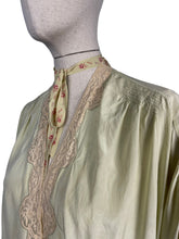Load image into Gallery viewer, Original 1920's 1930's Bourne and Hollingsworth Pale Green Pure Silk Bed Jacket With Tambour Lace Detail and Ribbon Tie - Bust 34" 36" 38" 40"