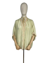 Load image into Gallery viewer, Original 1920's 1930's Bourne and Hollingsworth Pale Green Pure Silk Bed Jacket With Tambour Lace Detail and Ribbon Tie - Bust 34" 36" 38" 40"