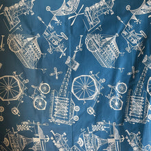 Load image into Gallery viewer, Original 1950's Cotton Sateen Dressmaking Fabric - Blue with White Design of Plans for Various Modes of Transport - 36" x 144"
