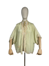 Load image into Gallery viewer, Original 1920's 1930's Bourne and Hollingsworth Pale Green Pure Silk Bed Jacket With Tambour Lace Detail and Ribbon Tie - Bust 34" 36" 38" 40"