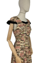 Load image into Gallery viewer, Original 1950's Cocktail Dress in Brown and Gold Abstract Print with Black Velvet Accent - Bust 34 35 *