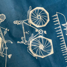 Load image into Gallery viewer, Original 1950's Cotton Sateen Dressmaking Fabric - Blue with White Design of Plans for Various Modes of Transport - 36" x 144"