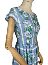 Load image into Gallery viewer, Original 1950's Floppy Cotton Day Dress in Blue and White Roses Stripe - Bust 34 35