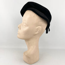 Load image into Gallery viewer, Original 1950's Inky Black Fur Felt Side Tilt Hat with Shaped Brim and Bow Trim