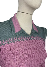 Load image into Gallery viewer, 1940's Reproduction Hand Knitted Long Sleeved Cable Jumper with Neat Collar in Mauve Pink and Ginseng Grey - Bust 34