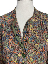 Load image into Gallery viewer, Original 1930’s Brown Crepe Long Sleeved Dress with Pretty Print in Blue, Rust, Green and Yellow - Bust 36 38