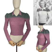 Load image into Gallery viewer, 1940's Reproduction Hand Knitted Long Sleeved Cable Jumper with Neat Collar in Mauve Pink and Ginseng Grey - Bust 34