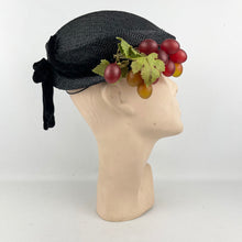 Load image into Gallery viewer, Original 1950’s Black Straw Hat with Velvet and Bunch of Grapes Trim