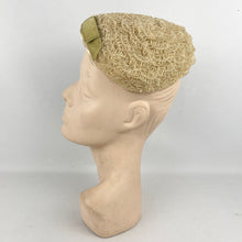 Load image into Gallery viewer, Original 1950’s Hat in Cream with Satin Edging and Soft Green Velvet Bow Trim *