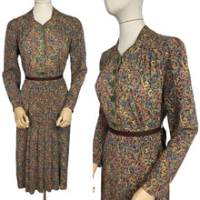 Load image into Gallery viewer, Original 1930’s Brown Crepe Long Sleeved Dress with Pretty Print in Blue, Rust, Green and Yellow - Bust 36 38