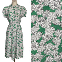Load image into Gallery viewer, Original 1940’s Cold Rayon Day Dress in Green and White Flower and Spiderweb Print - Bust 34