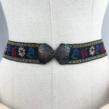 Load image into Gallery viewer, Vintage Embroidered Tyrolean Brooch Featuring Edelweiss and Gentian with Heart Shaped Double Buckle - Waist 29 30
