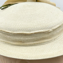 Load image into Gallery viewer, Original 1940’s 1950’s Cream Straw Hat with Velvet Trim and Large Fabric Rose