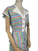 Load image into Gallery viewer, Original 1940's Lightweight Summer Dress in Stripes of Blue, Red and Green on White - Bust 38 40
