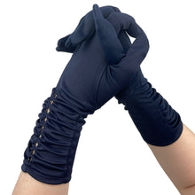 Load image into Gallery viewer, Charming Vintage Navy Blue Nylon Gloves with Diamond Openwork Detail on the Wrist - Size 6.5