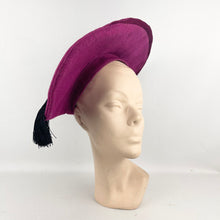 Load image into Gallery viewer, Original Huge 1940's Cerise Pink Seamed Fabric Hat with Black Tassel Trim