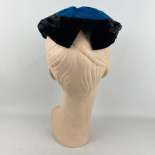 Load image into Gallery viewer, Original 1950's Blue and Black Cotton Velvet Cocktail Hat with Beading - Great Evening Hat *