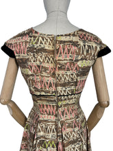 Load image into Gallery viewer, Original 1950's Cocktail Dress in Brown and Gold Abstract Print with Black Velvet Accent - Bust 34 35 *