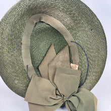 Load image into Gallery viewer, Original 1940’s Green Straw Hat with Large Grosgrain Bow Trim - AS IS