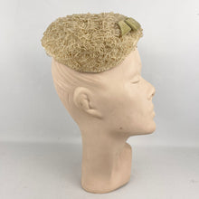 Load image into Gallery viewer, Original 1950’s Hat in Cream with Satin Edging and Soft Green Velvet Bow Trim *