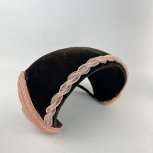 Load image into Gallery viewer, Original 1950's Chocolate Brown Velvet Hat with Baby Pink Nylon Trim *