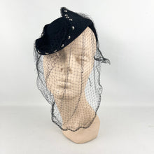 Load image into Gallery viewer, Original 1930’s 1940’s Studded Black Felt Marshall and Snelgrove Hat with Face Veil *