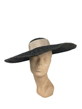 Load image into Gallery viewer, Huge Original 1940's Black Coarse Straw Sunhat with Wide Grosgrain Trim and Bow *