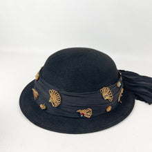Load image into Gallery viewer, Original 1940’s Black Felt Hat with Bead, Sequin and Straw Trim and Large Bow *