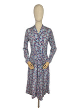 Load image into Gallery viewer, Original 1940’s Long Sleeved Silk Crepe Day Dress with Glass Buttons in Pink, Purple and Blue Abstract Print - Bust 36 38 *