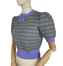 Load image into Gallery viewer, Reproduction 1940's Waffle Stripe Jumper in Brown, Blue, Green and Lavender Knitted from a Wartime Pattern - Bust 36 38 40