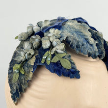 Load image into Gallery viewer, Original 1950’s Flower and Leaf Half Hat in Soft Blue and Green with Double Bow Trim