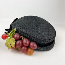 Load image into Gallery viewer, Original 1950’s Black Straw Hat with Velvet and Bunch of Grapes Trim