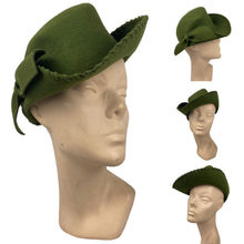 Load image into Gallery viewer, Original 1930's 1940's Green Felt Tilt Hat with Bound Edge and Bow Trim *