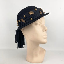 Load image into Gallery viewer, Original 1940’s Black Felt Hat with Bead, Sequin and Straw Trim and Large Bow *