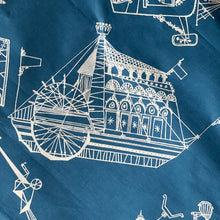 Load image into Gallery viewer, Original 1950's Cotton Sateen Dressmaking Fabric - Blue with White Design of Plans for Various Modes of Transport - 36" x 144"