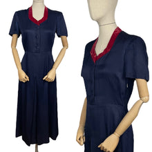Load image into Gallery viewer, Original 1940's Classic Navy Blue Day Dress with Button Front and Red Velvet Trim - Bust 35 36 *