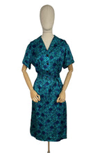 Load image into Gallery viewer, Original Late 1950's Belted Artificial Silk Wiggle Dress in Green and Blue Geometric Print - Bust 40 42 *