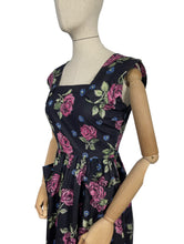 Load image into Gallery viewer, Original 1950's Classic Black Cotton Day Dress with Large Pink Roses - Bust 34 *