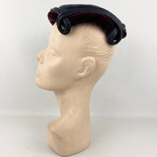 Load image into Gallery viewer, Original 1950’s Gertrude Singer Navy Blue Straw Hat with Wine Cotton Velvet Trim
