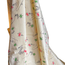 Load image into Gallery viewer, Original 1940’s Novelty Print Cotton Dress Fabric in Buttermilk with Cotton Reels in Pink and Green and Black Sewing Needles and Thread