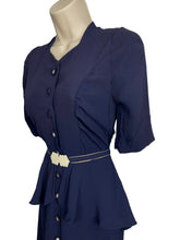 Load image into Gallery viewer, Original 1930's Navy Blue Crepe Belted Day Dress with Half Peplum and Two-Tone Buttons - Bust 32" *