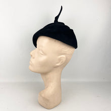 Load image into Gallery viewer, Original Late 1930's or Early 1940’s Inky Black Felt Hat with Tab Top Trim *