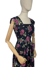 Load image into Gallery viewer, Original 1950's Classic Black Cotton Day Dress with Large Pink Roses - Bust 34 *