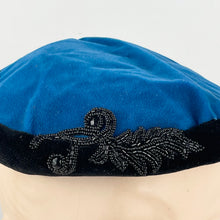 Load image into Gallery viewer, Original 1950's Blue and Black Cotton Velvet Cocktail Hat with Beading - Great Evening Hat *