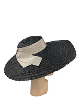 Load image into Gallery viewer, Huge Original 1940's Black Coarse Straw Sunhat with Wide Grosgrain Trim and Bow *