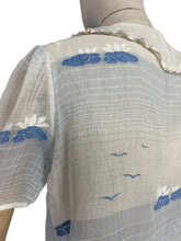 Load image into Gallery viewer, Original 1920's Fine Muslin Embroidered Blouse with Seagulls and Lily Pads in Blue - Bust 34 35